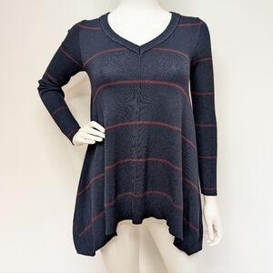Navy & Burgundy Horozontal Striped V Neck Babydoll Sweater With Shark Bite Hem